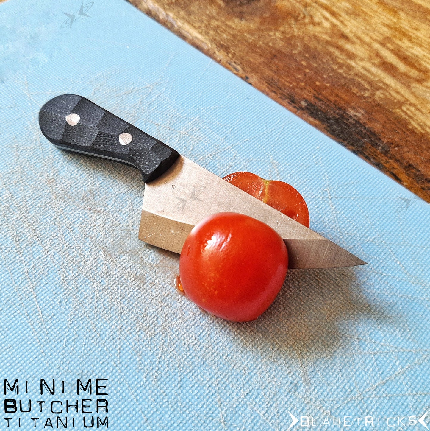 BLADETRICKS CUSTOM MINIME BUTCHER KNIFE, TITANIUM & BLACK G10